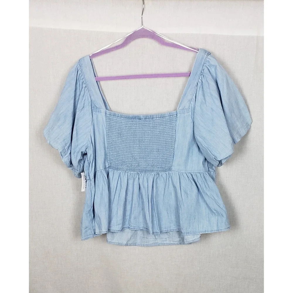 Old Navy Womens 2X Blue Cotton Puff Sleeve Peplum Blouse Smocked Back Summer